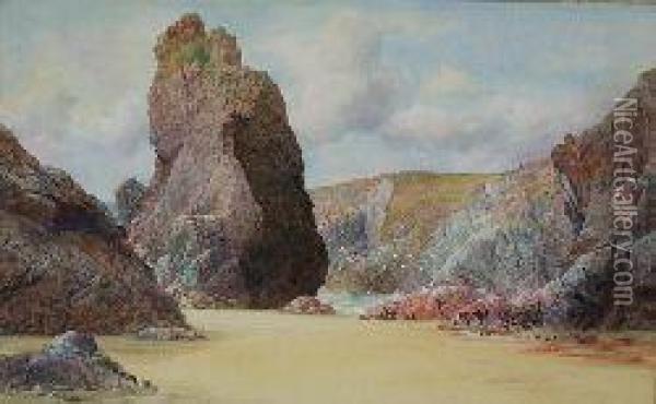 The Steeple Rock, Kynance, Cornwall Oil Painting - William Casley