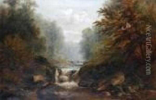 River Landscape With Figures On A Bridge Oil Painting - William Mellor