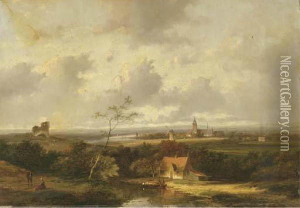 A Panoramic River Landscape With A Town In The Distance Oil Painting - Jan Evert Morel