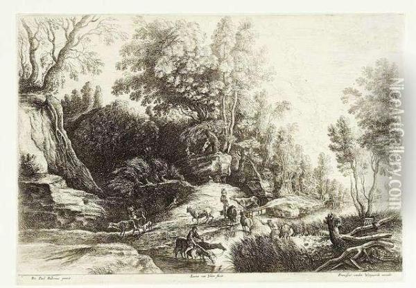 The Drove At The Watering Place. Etching, Ca. 1640 After Peter Paul Rubens. State Iv Oil Painting - Lucas Van Uden
