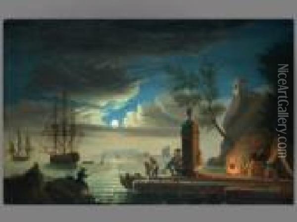 Sudlandischer Hafen Mit Figurenstaffage Bei Mondschein Oil Painting - Jean Henry D'Arles