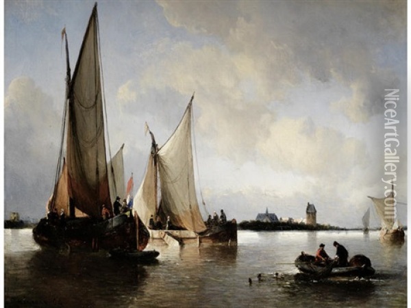 Dutch Galjots In An Estuary Oil Painting - Antonie Waldorp