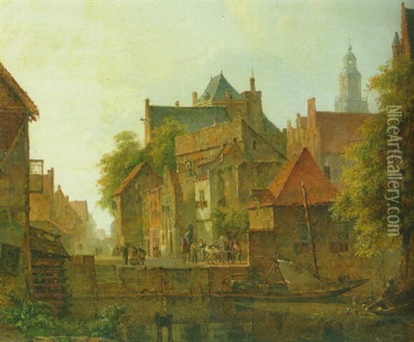 A View Of A Town With A Blacksmith At Work On A Quay Oil Painting - Kasparus Karsen