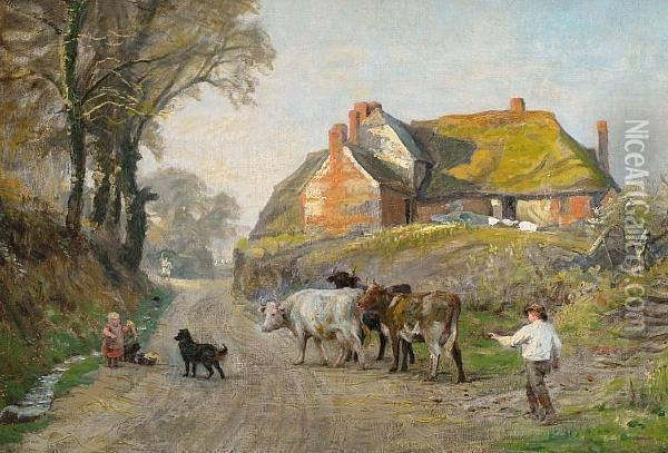 Droving Cattle Through A Village Oil Painting - Alfred Fitzwalter Grace