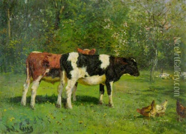 Kuhe Und Huhner Auf Der Wiese Oil Painting - Adolf Lins
