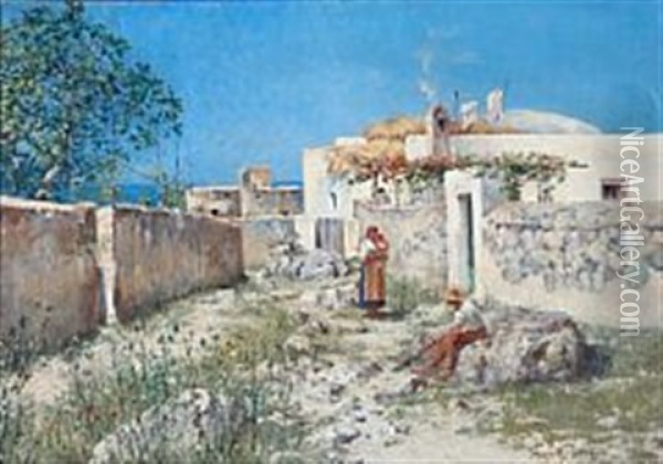 Young Couple With Their Child Outside A House, Presumably On Capri Oil Painting - Holger Hvitfeldt Jerichau
