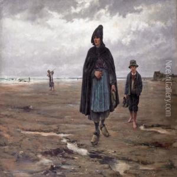 Woman And Boy On Thebeach Oil Painting - Paul Mathey