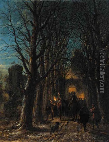Troops Returning To The Castle At Night Oil Painting - Andrew Sheerboom