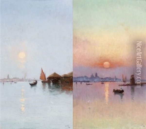 Au Lever Du Soleil, Venise (+ L'abri Des Gondoles, Matin Brumeux, Chioggia; Pair) Oil Painting - Marie Joseph Leon Clavel
