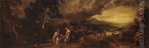 An Extensive Wooded River Landscape With Christ And The Woman Of Samaria Oil Painting - Jan (Hans) Verhoeven