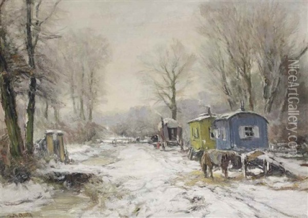 A Snow Covered Forest With Fair Wagons And A Horse Along A Path Oil Painting - Louis Apol