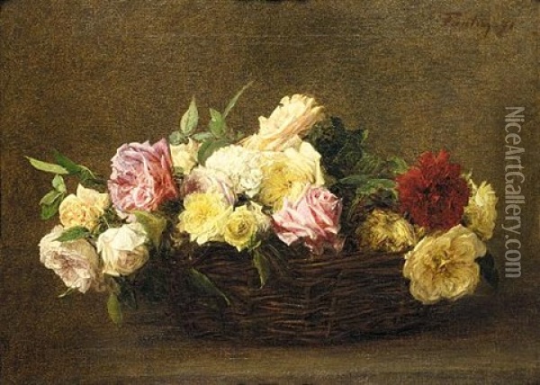 Roses Dans Un Panier En Osier Oil Painting - Henri Fantin-Latour