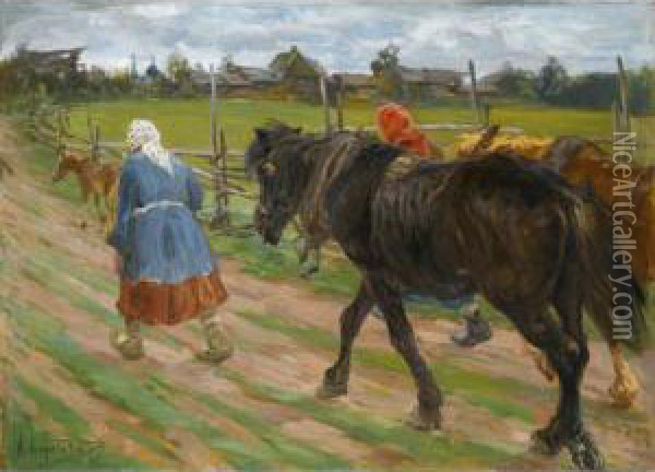 Returning To The Farm Oil Painting - Nikolai Vasilevich Pirogov