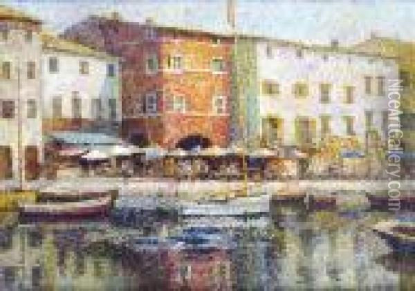 A Frenchport, With Quayside Cafe Oil Painting - Aleksey Ilyich Kravchenko