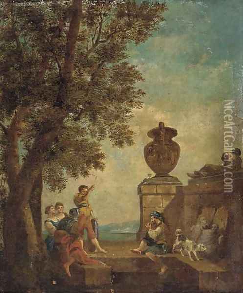 Figures conversing on a terrace with classical statuary Oil Painting - Giovanni Paolo Panini