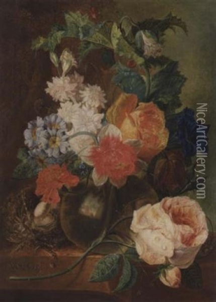 A Still Life With Roses And Other Flowers In A Glass Vase Together With A Bird's Nest, All Resting On A Stone Ledge Oil Painting - Jan van Os