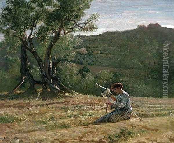 Peasant Girl Spinning Oil Painting - Elihu Vedder