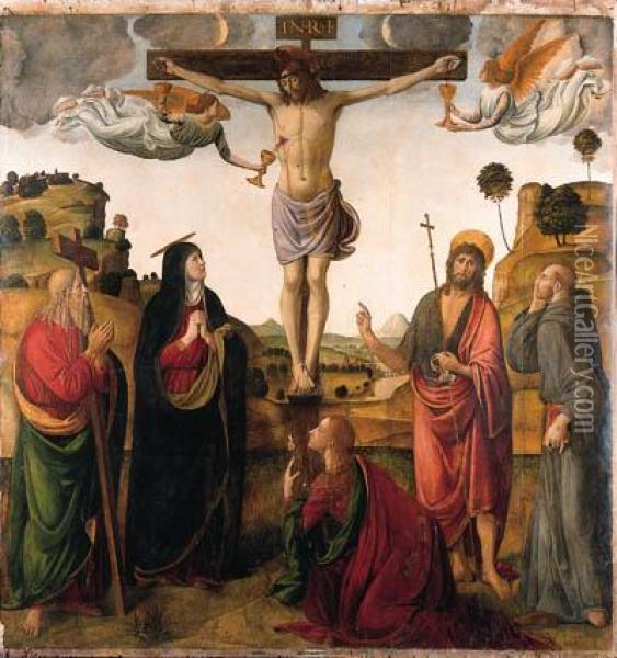 The Crucifixion With The Madonna, Saints John The Baptist, Marymagdalen, Andrew And Francis Oil Painting - Cosimo Rosselli