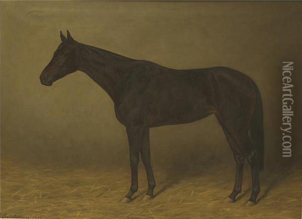 Braunesrennpferd Im Stall. Oil Painting - Robert Beielstein