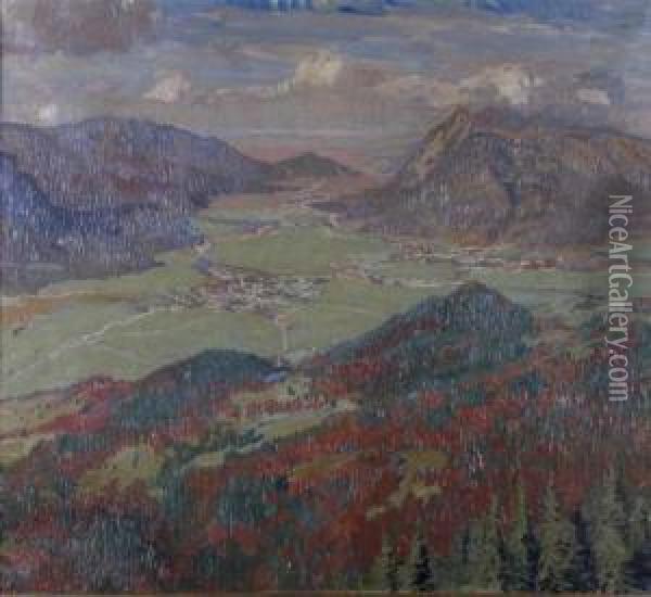 Panoramic Landscape Of European Village In Valley Oil Painting - Carl Reiser