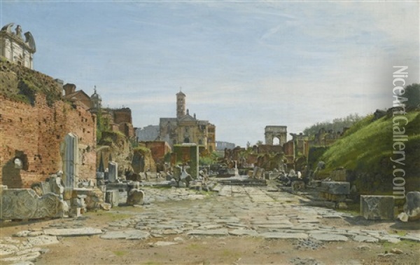 The Roman Forum With The Arch Of Titus And The Coliseum Oil Painting - Josef Theodor Hansen