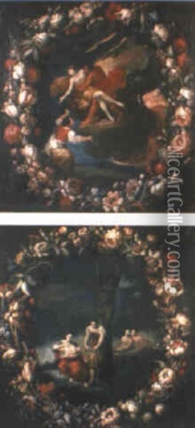 Temas Alegoricos Orlados De Guirnaldas Florales Sobre Fondo Negro Oil Painting - Francesco Albani