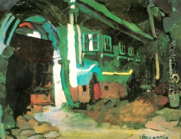 Main Street at Felsobanya 1924 Oil Painting - Odon Marffy