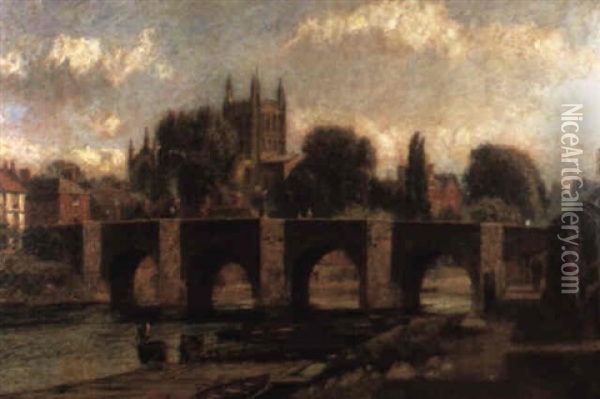 A View Of Hereford Cathedral With A Bridge Over The Wye Oil Painting - John William Buxton Knight