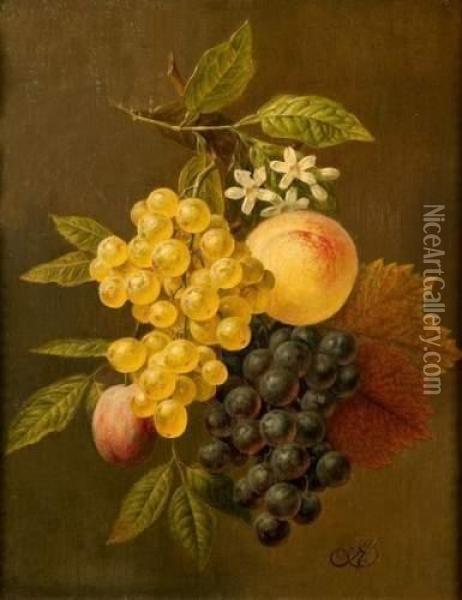 Nature Morte Aux Peches, Raisins, Fleurs Et Feuillages Oil Painting - Arnoldus Bloemers