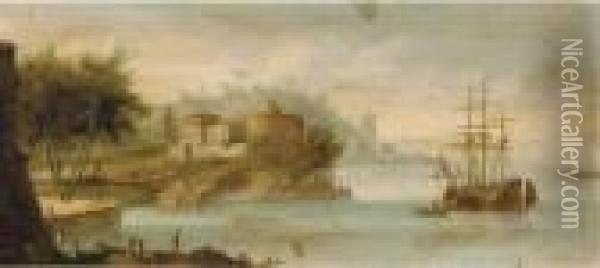 A Mediterranean Coastal Harbour; And A Mediterranean Coastal Inlet Oil Painting - Orazio Grevenbroeck