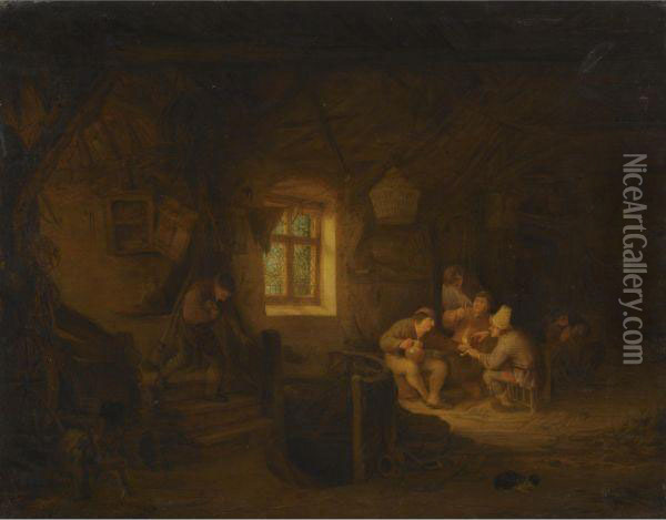A Tavern Interior With Peasants Drinking Beneath A Window Oil Painting - Adriaen Jansz. Van Ostade
