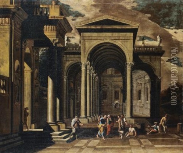 A Capriccio Of The Exterior Of An Elaborate Palace With Saint Peter Healing The Lame (+ A Capriccio Of The Internal Courtyard Of A Ruined Palace With The Miracle Of Saint Paul; Pair) Oil Painting - Viviano Codazzi