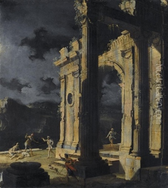 An Architectural Capriccio With Figures Amongst Ruins Under A Stormy Night Sky Oil Painting - Leonardo Coccorante