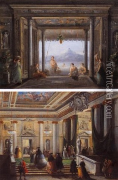 Signore Al Bagno In Una Villa Sul Lago Oil Painting - Giuseppe Bernardino Bison