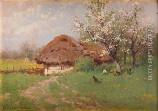 Spring Landscape With Cottage Oil Painting - Adam Setkowicz