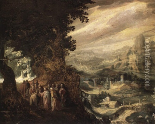 Christ Accompanied By Apostles On A Mountian Road Blessing A Pilgrim Oil Painting - Kerstiaen de Keuninck