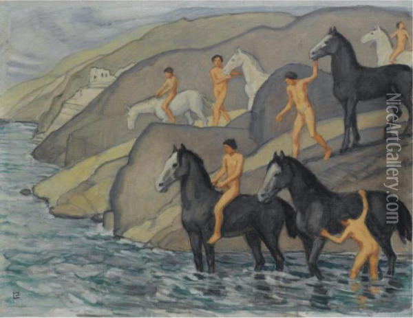Sold For The Preservation Of The Ludwig Von Hofmann Research Archive And Collection
 

 
 
 

 
 Zug Zur Schwemme (leading Their Horses To Water) Oil Painting - Ludwig Von Hofmann