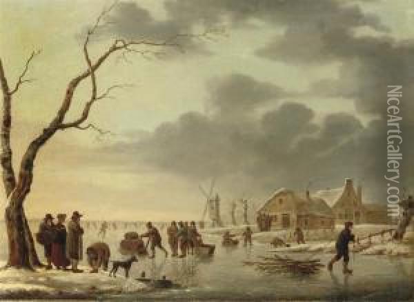 A Winter Landscape With Peasants
 Skating On A Frozen River, A Village And A Windmill Beyond Oil Painting - Hendrick Willelm Schweickhardt