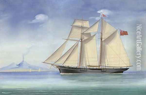 A topsail schooner of the Royal Tay Yacht Club in the Bay of Naples Oil Painting - Antonio de Simone