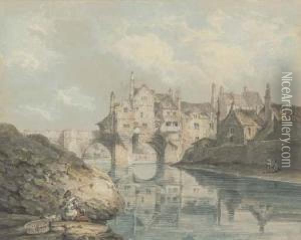 Elvet Bridge, Durham, With A Washerwoman In The Foreground Oil Painting - Thomas Hearne