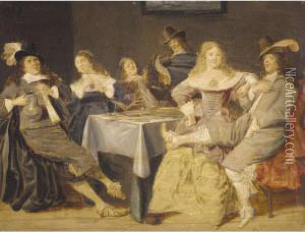 An Elegant Company In An Interior Drinking, Smoking And Merrymaking Oil Painting - Jacob Fransz. Van Der Merck