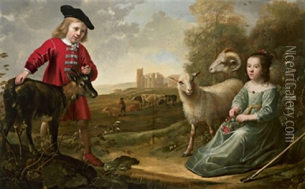Zwei Kinder In Schaferkostumen In Einer Weiten Landschaft Mit Vieh, Hirten Und Ruinen Oil Painting - Aelbert Cuyp
