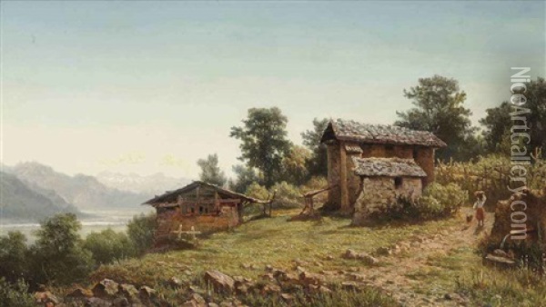 A Girl With A Dog In A Hilly Landscape With Three Stone Shacks Oil Painting - Hendrik Dirk Kruseman van Elten