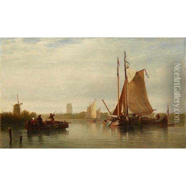 Barges On A Dutch Canal Oil Painting - Edmund Thornton Crawford