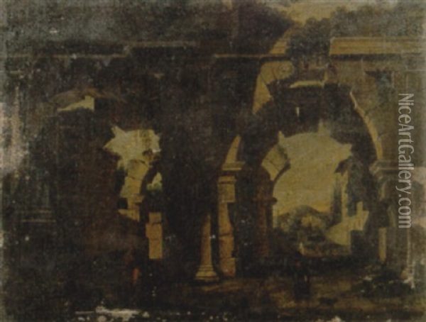 Loggiato Di Rovine Antiche Di Ordine Tuscanico Con Quatro Astanti In Primo Piano Oil Painting - Viviano Codazzi