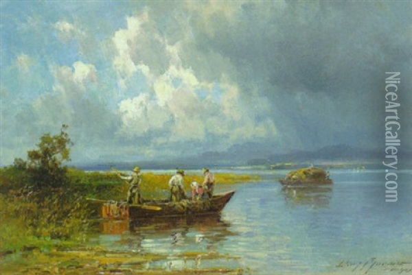 Chiemseefischer In Booten Nahe Dem Ufer Oil Painting - Willy Moralt
