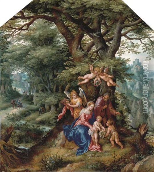 A Wooded Landscape With The Holy Family With The Infant Saint John The Baptist And Attendant Angels, The Flight Into Egypt Beyond (in Collab. W/hendrick De Clerck) Oil Painting - Denis van Alsloot