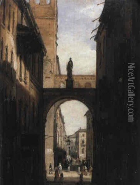 Una Via Di Verona Oil Painting - Giuseppe Canella I