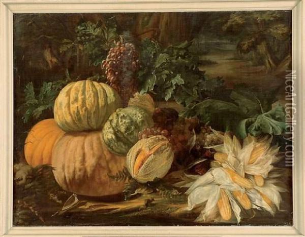 nature Morte Aux Pasteques Et Aux Epis De Mais Dans Un Paysage Oil Painting - Francois Frederic Grobon