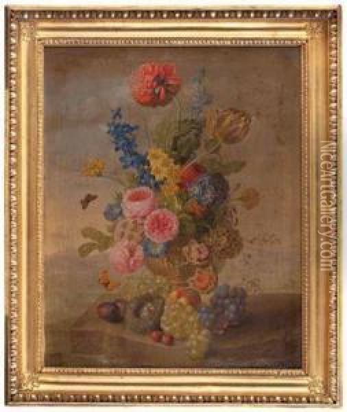 Blumen In Vase Mitvogelnest Und Obst Oil Painting - Mathias Tomfort